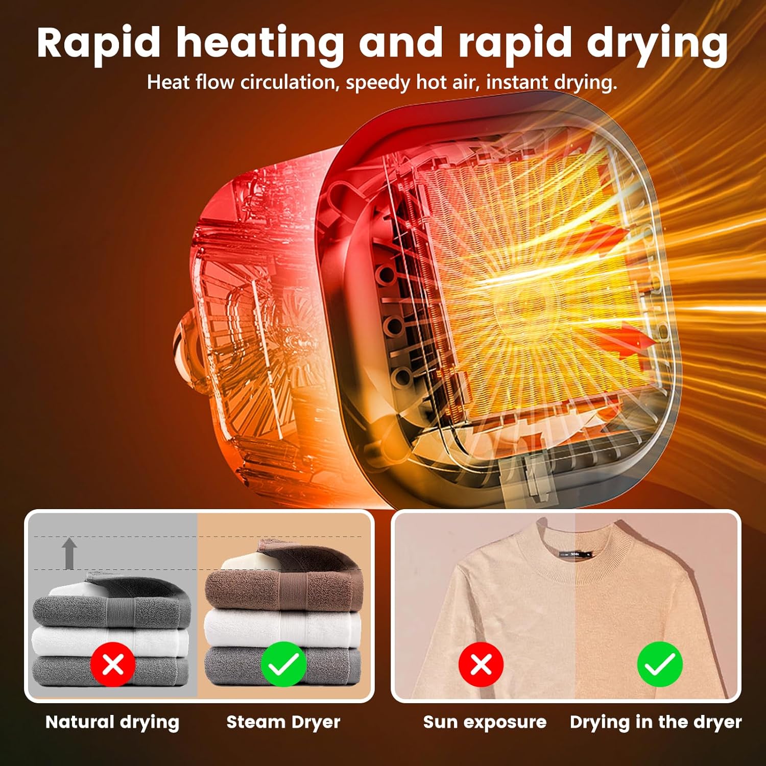 Sèche-linge portable pliable, 500W, minuterie, LED, séchage rapide