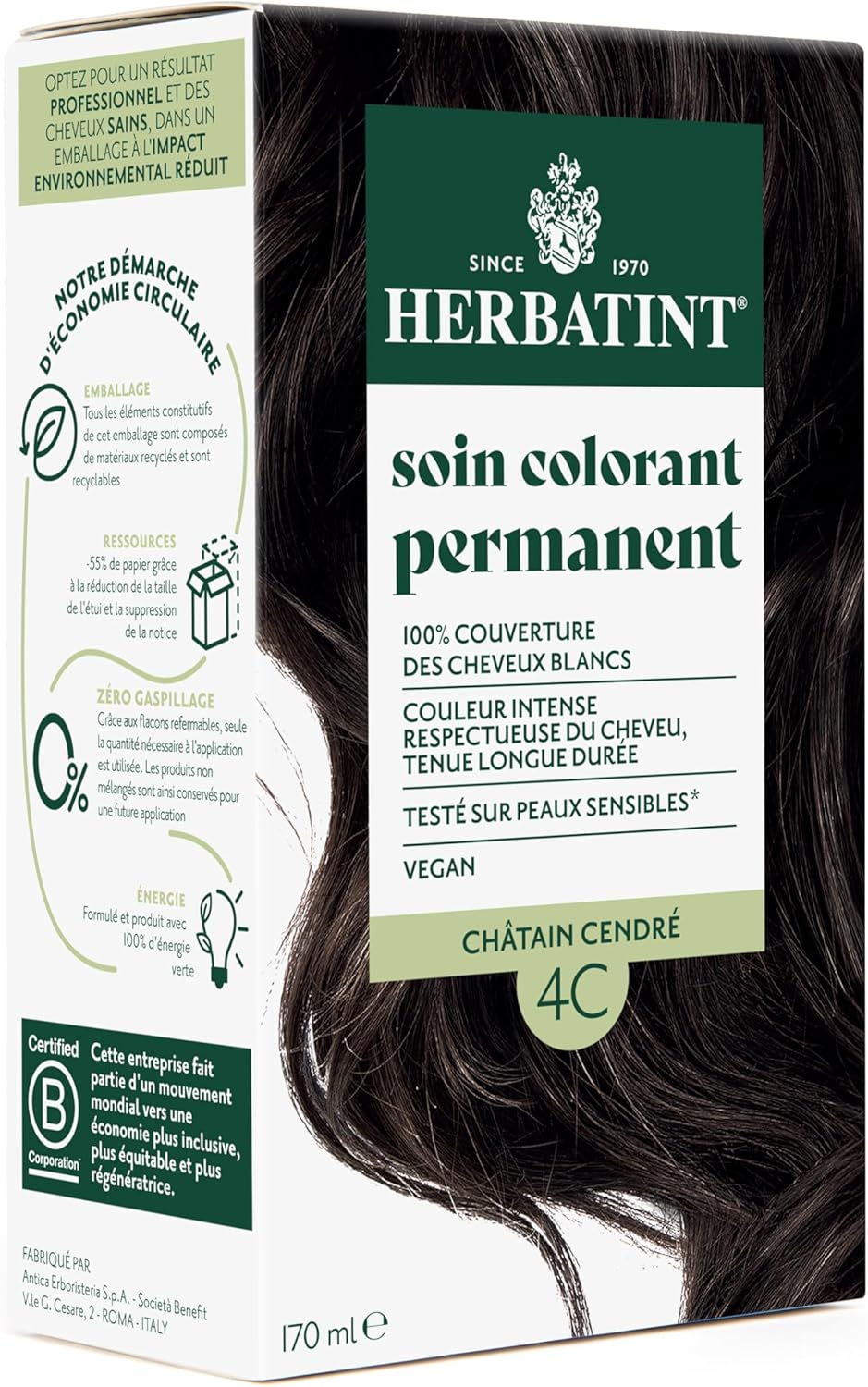 Herbatint - Soin Colorant Permanent 170ml - Sans ammoniaque, couvre 100% cheveux blancs, extraits bio