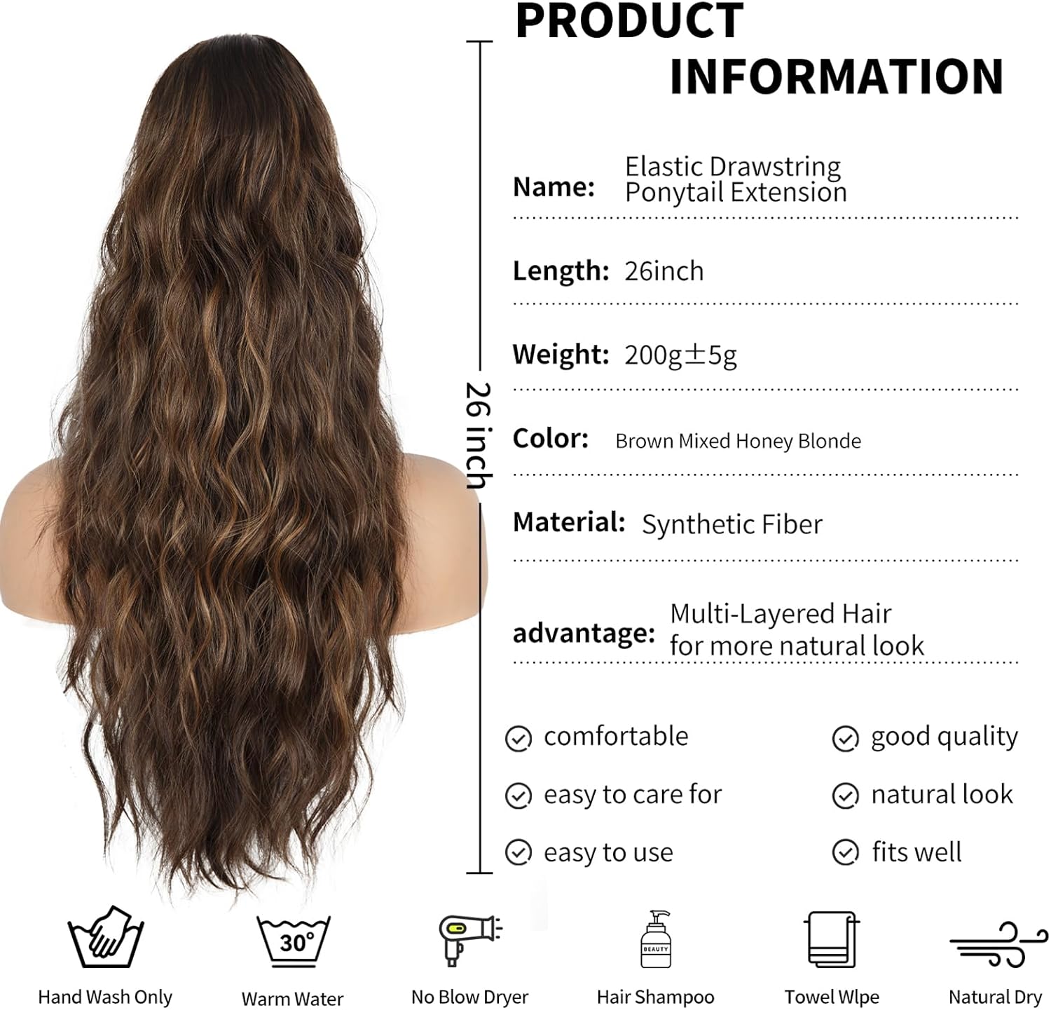 Extension Cheveux Naturel - Queue de cheval 66cm - ondulée, cordon, synthetic - 10H30A#