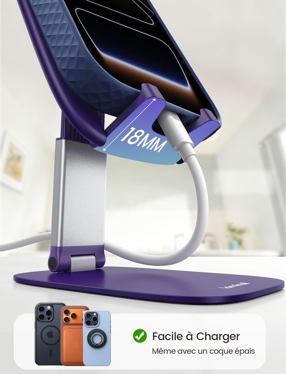 Lamicall - Support Téléphone Pliable - 15mm ultrafin, base métal, hauteur & angle réglables