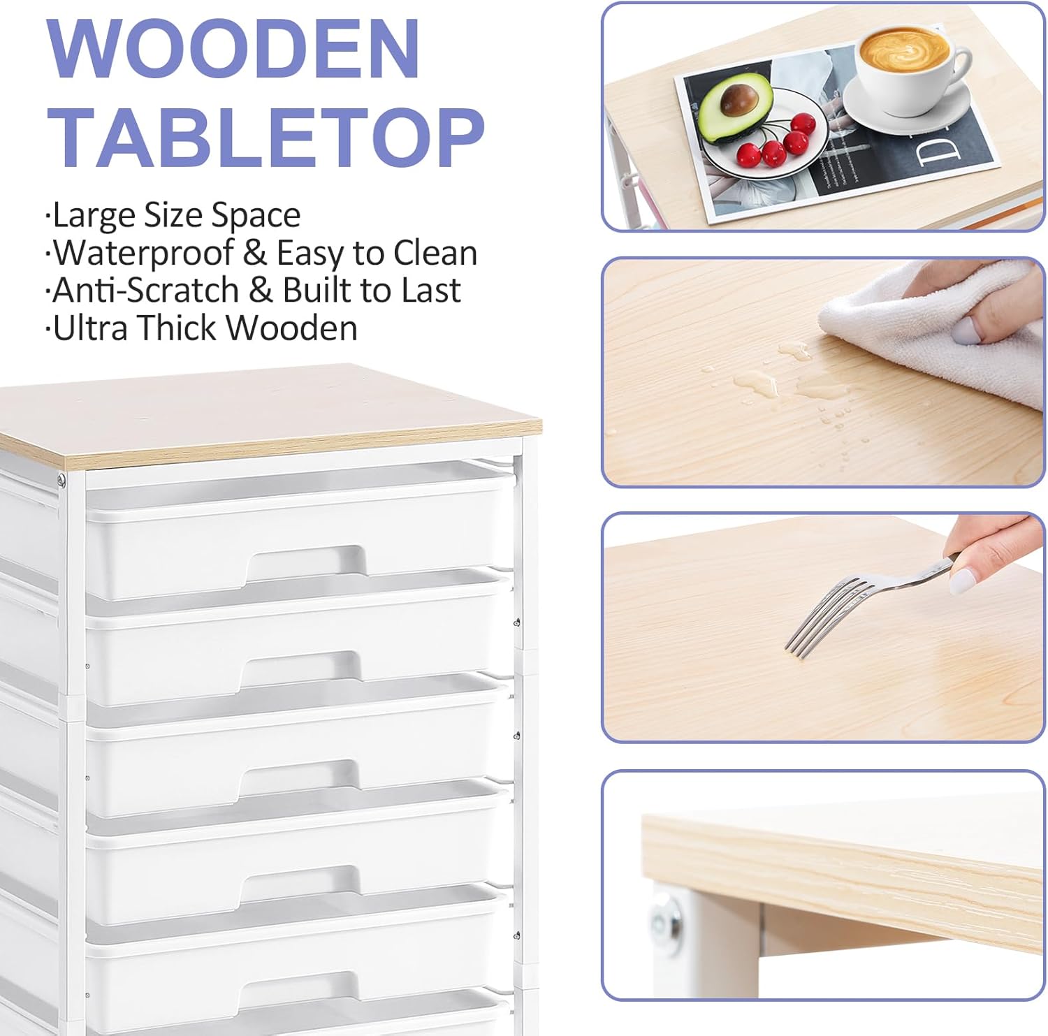 Chariot de salle de bain - 8 tiroirs - grande capacité, plateau bois, roulettes, blanc - rangement multi-usages