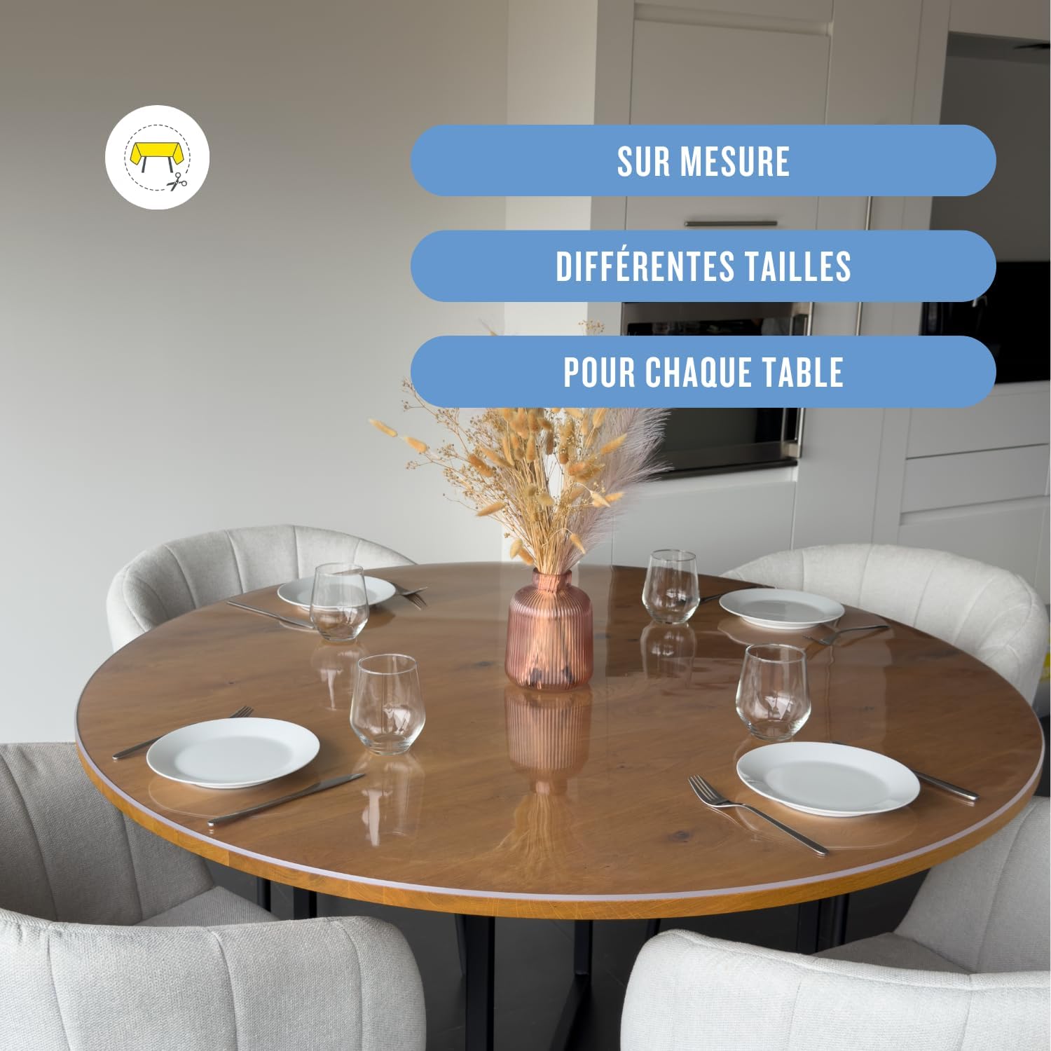 Nappe transparente ronde 115 cm, 3mm, anti-tache, lavable