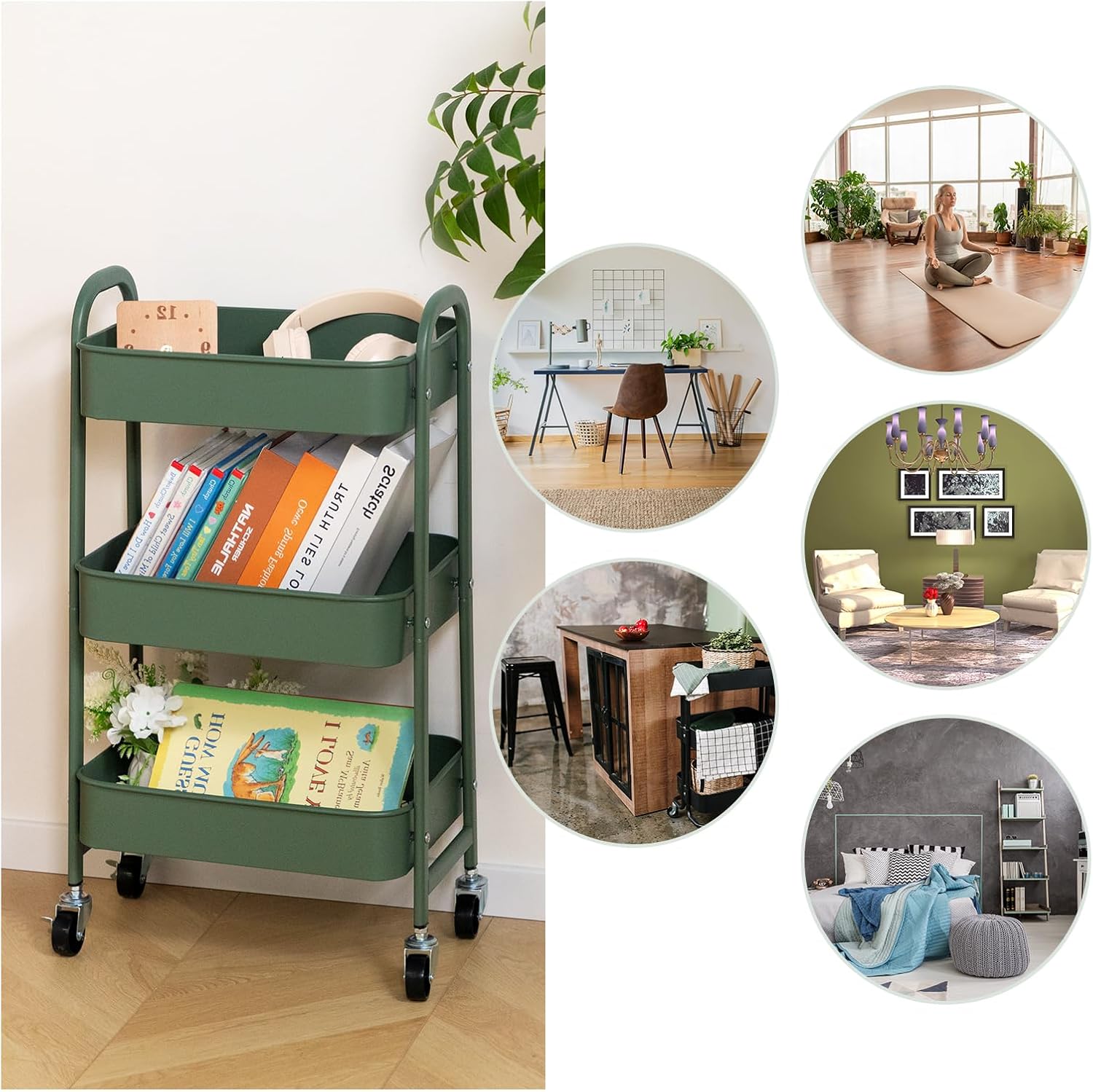 DOEWORKS - chariot à roulettes 3 niveaux métal, 43x36x86cm, vert herbe