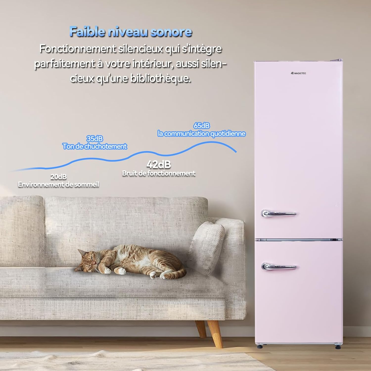 magictec - réfrigérateur vintage, 179 cm, 236L, No Frost, alarme, rose
