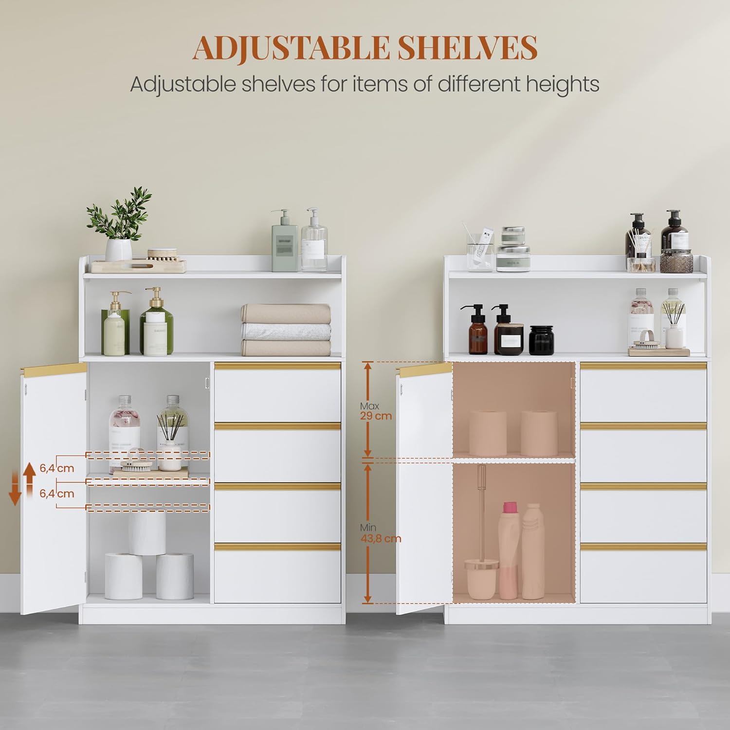 Meuble Salle de Bain - rangement 4 tiroirs, étagères réglables - 30x80x110 cm