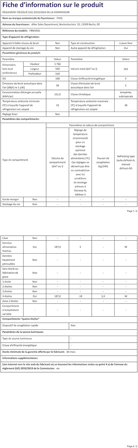 CHIQ - FBM260L - 262L bas inox, low frost, portes réversibles, 39dB