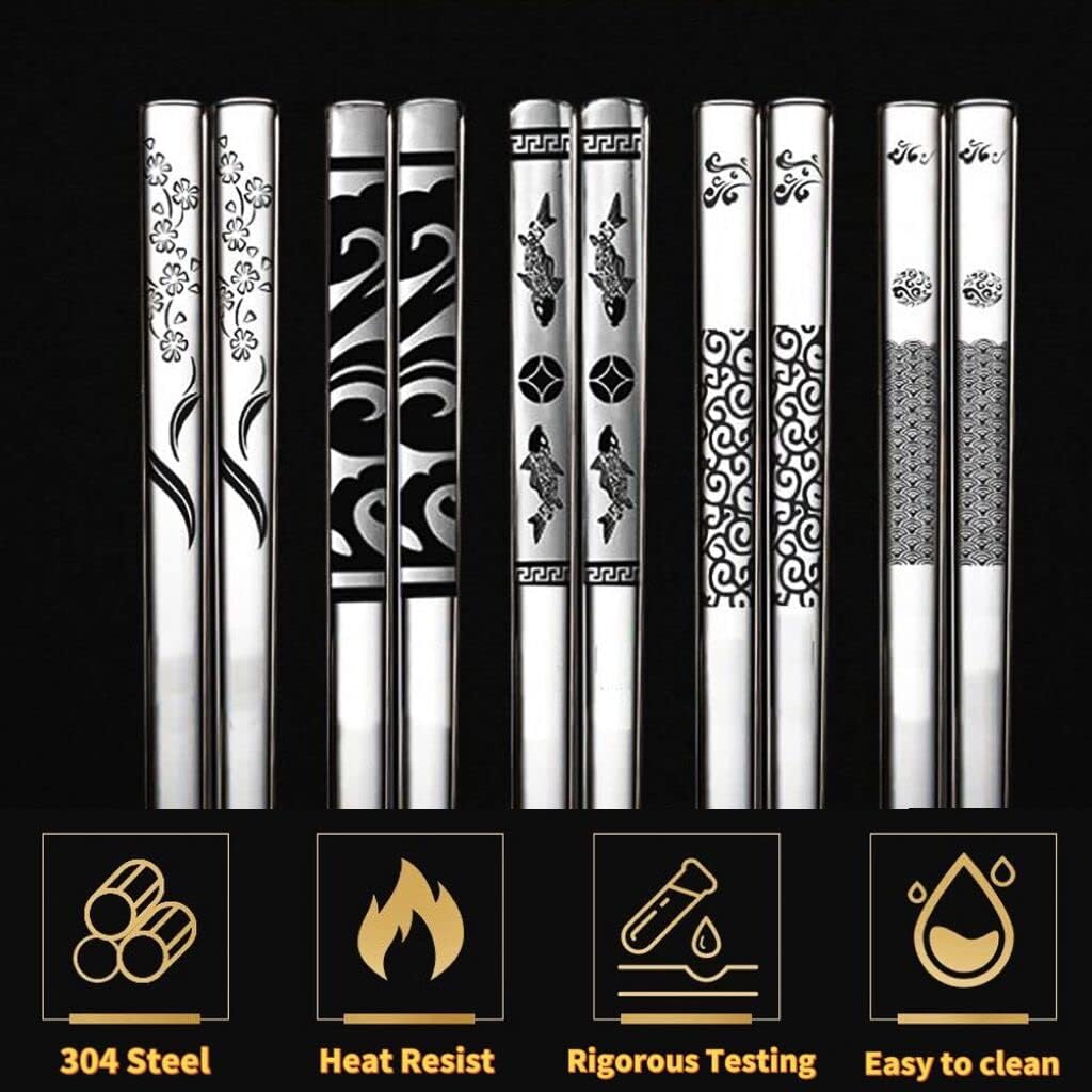 Baguettes réutilisables - acier inox, gravure laser, lot 5 paires, coffret cadeau