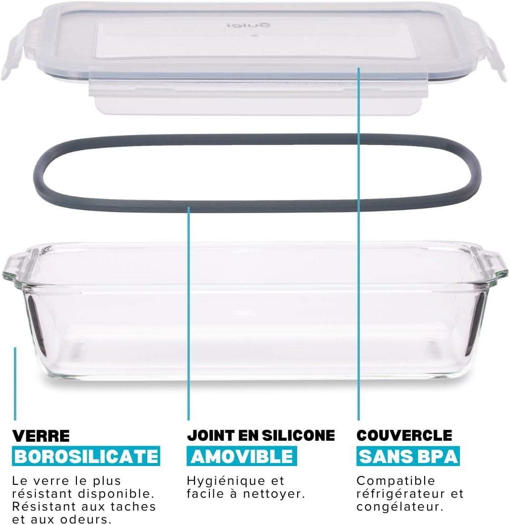 Igluu - Plat à lasagnes verre borosilicate 2,2L - lot de 2, hermétique, compatible four et micro-ondes