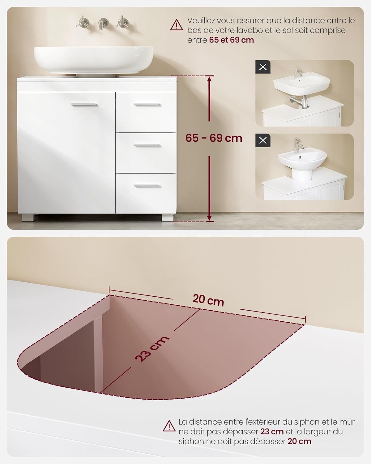 VASAGLE - meuble sous lavabo 3 tiroirs 2 cases 30x70x64cm BBK504W01