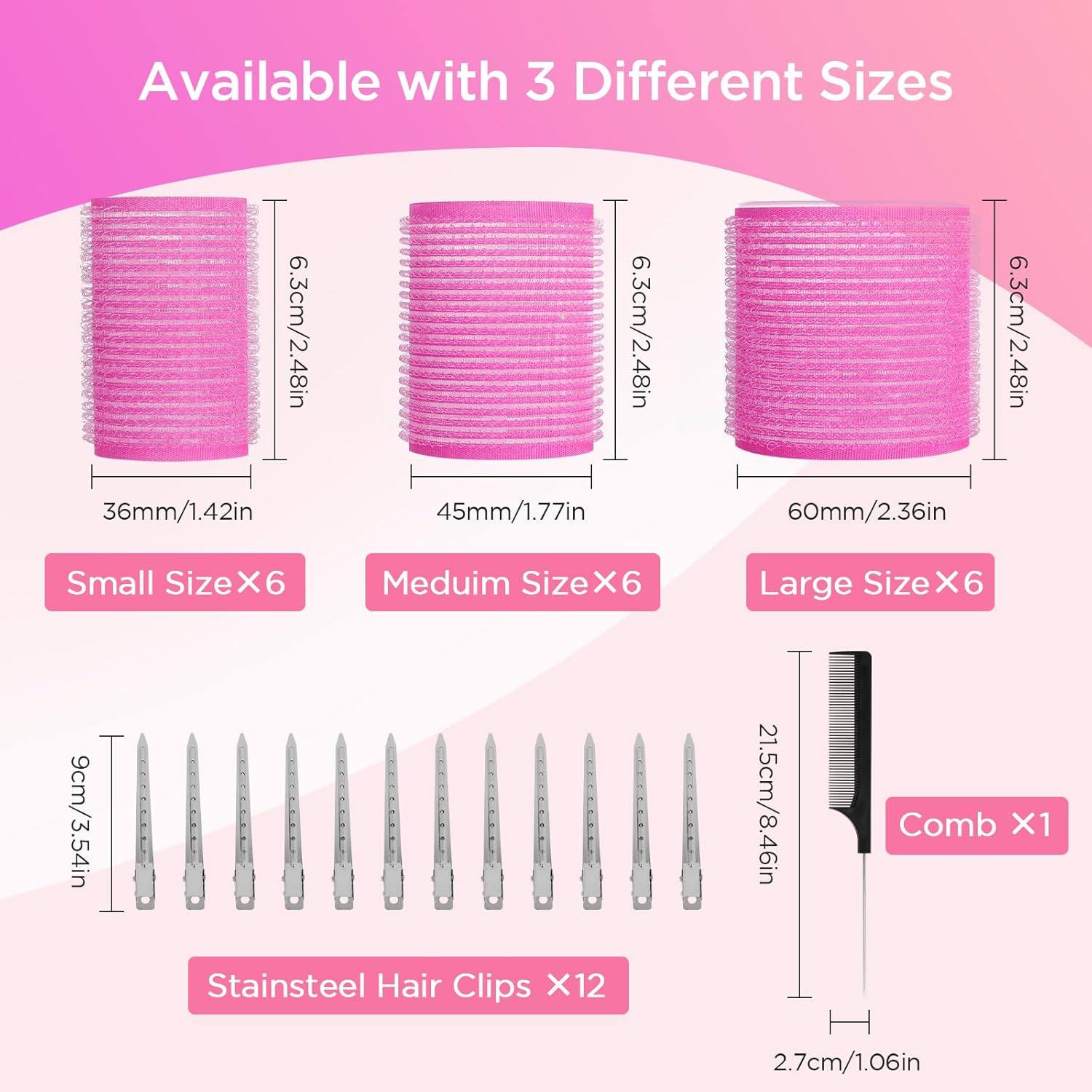 Romon - Set de bigoudis chauffants 3 tailles avec pinces et peigne