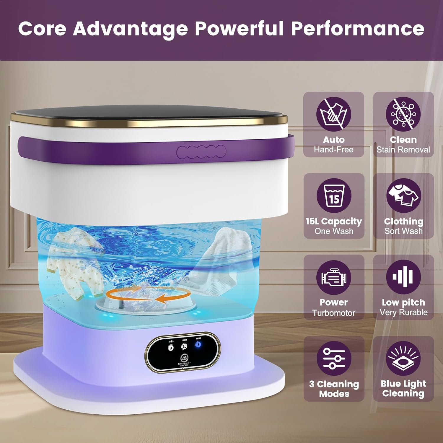 Mini Machine à Laver - 15L portable 2 en 1, essorage, 3 modes, violet
