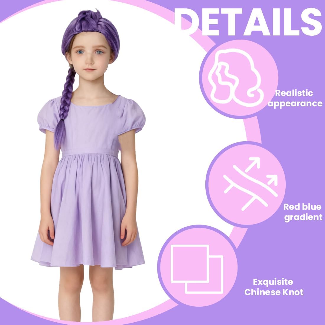 Perruque tressée violette - Cosplay Rumi Hunter - Taille enfant/adulte - Synthétique, accessoires Halloween