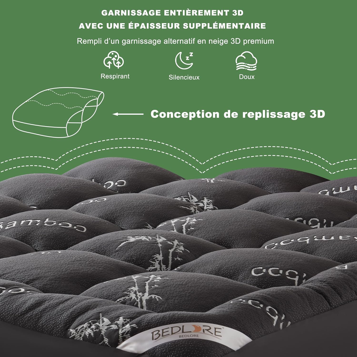 BEDLORE - surmatelas matelassé 140x200 cm, bambou respirant moelleux, bonnet 30 cm, gris foncé