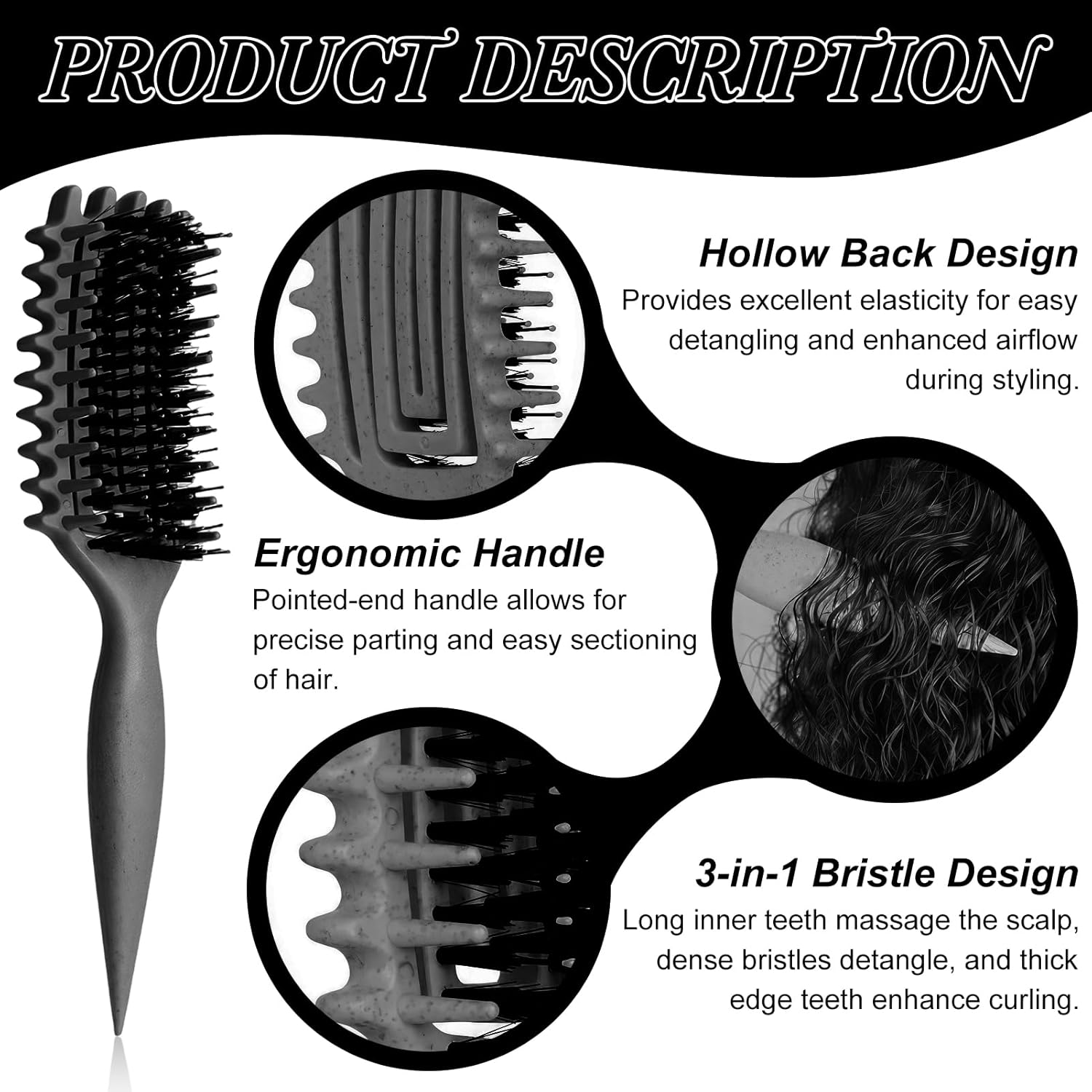 Brosse à boucles - démêlage doux, manche ergonomique, antistatique, adaptée tous âges - Noir