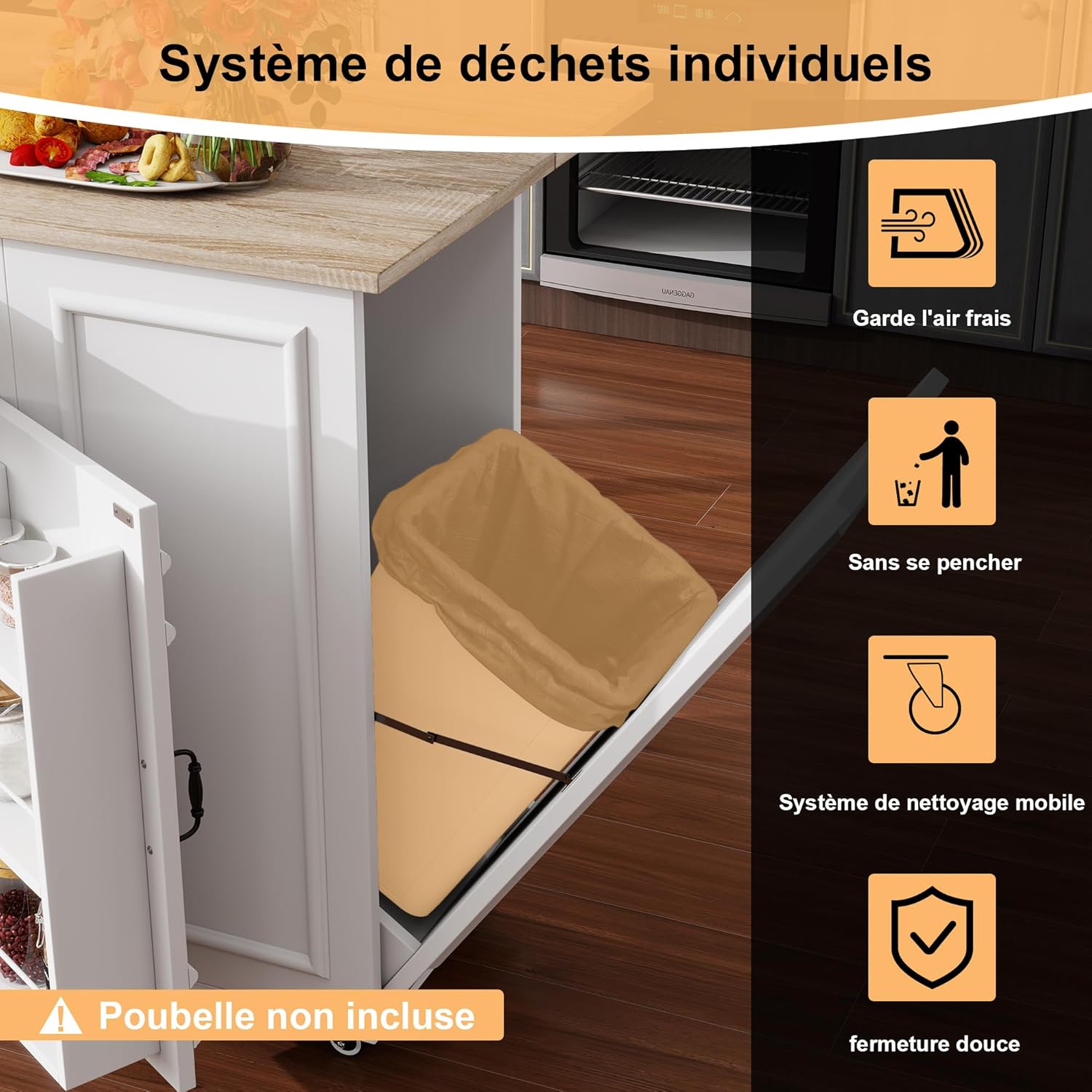 Desserte îlot cuisine - plan de travail rabattable, USB, rangement - blanc - roulettes, tiroir, porte-torchon, poubelle