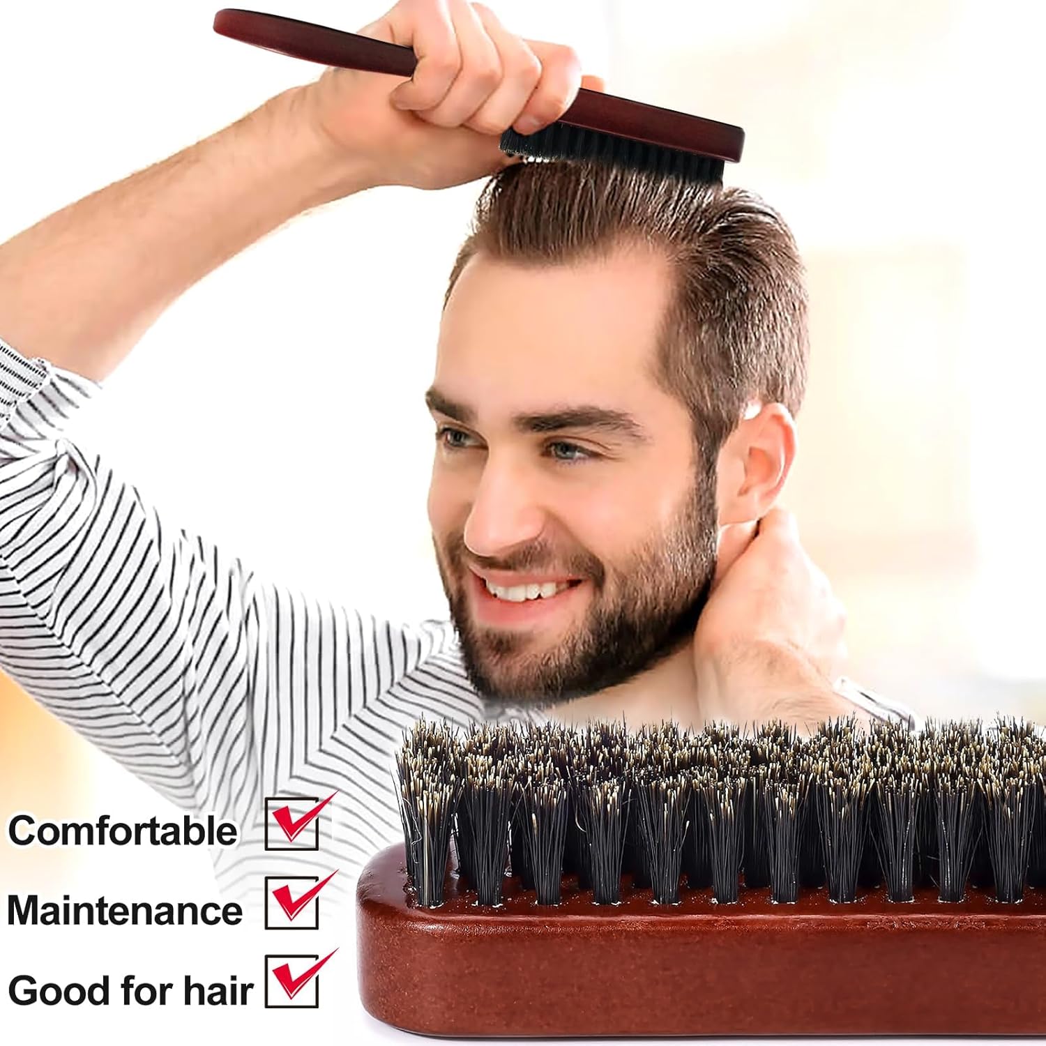 Brosse à cheveux en poils de sanglier - Brosse plaquante - Pour femmes et hommes - Idéale cheveux et barbe