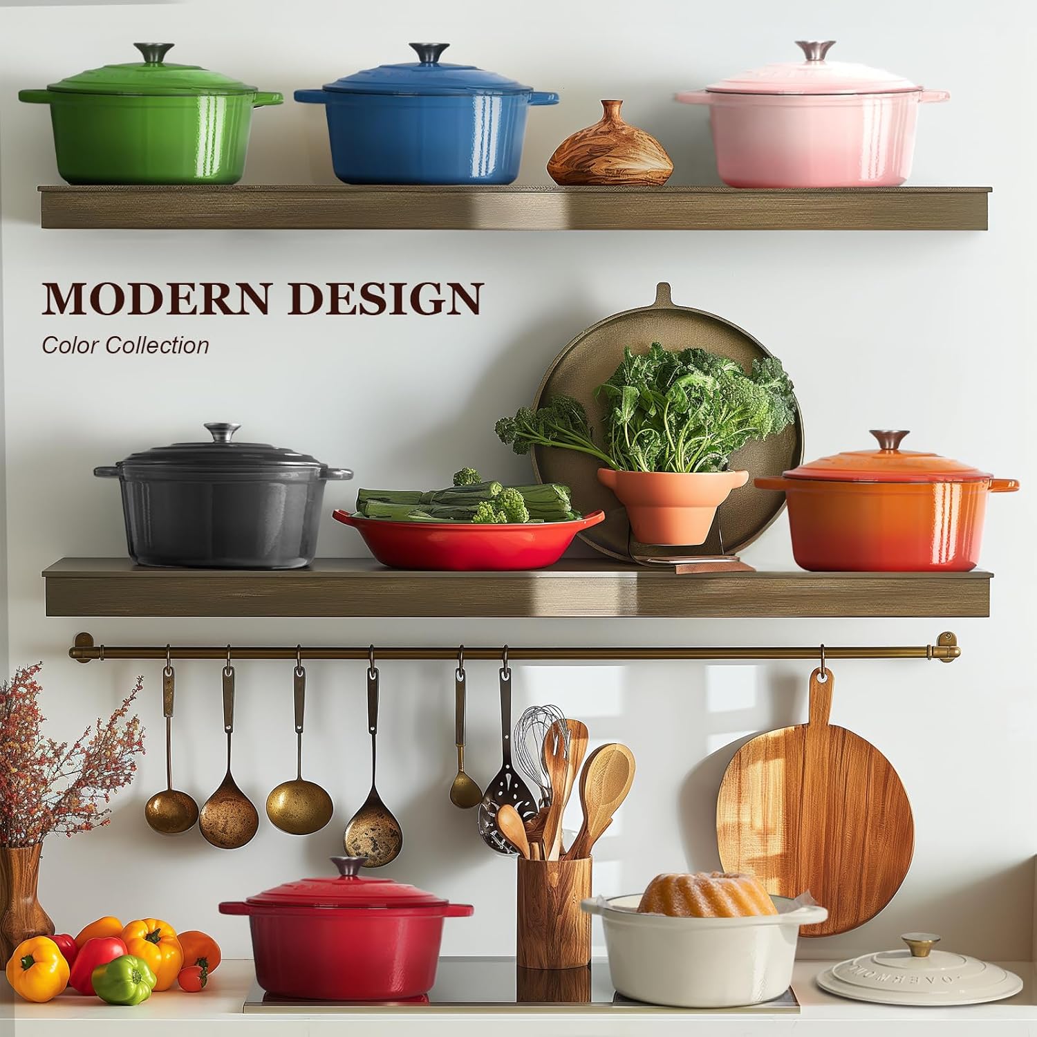 Overmont - Cocotte en fonte émaillée 26 cm - Antiadhésive, couvercle, maniques, rose pastel