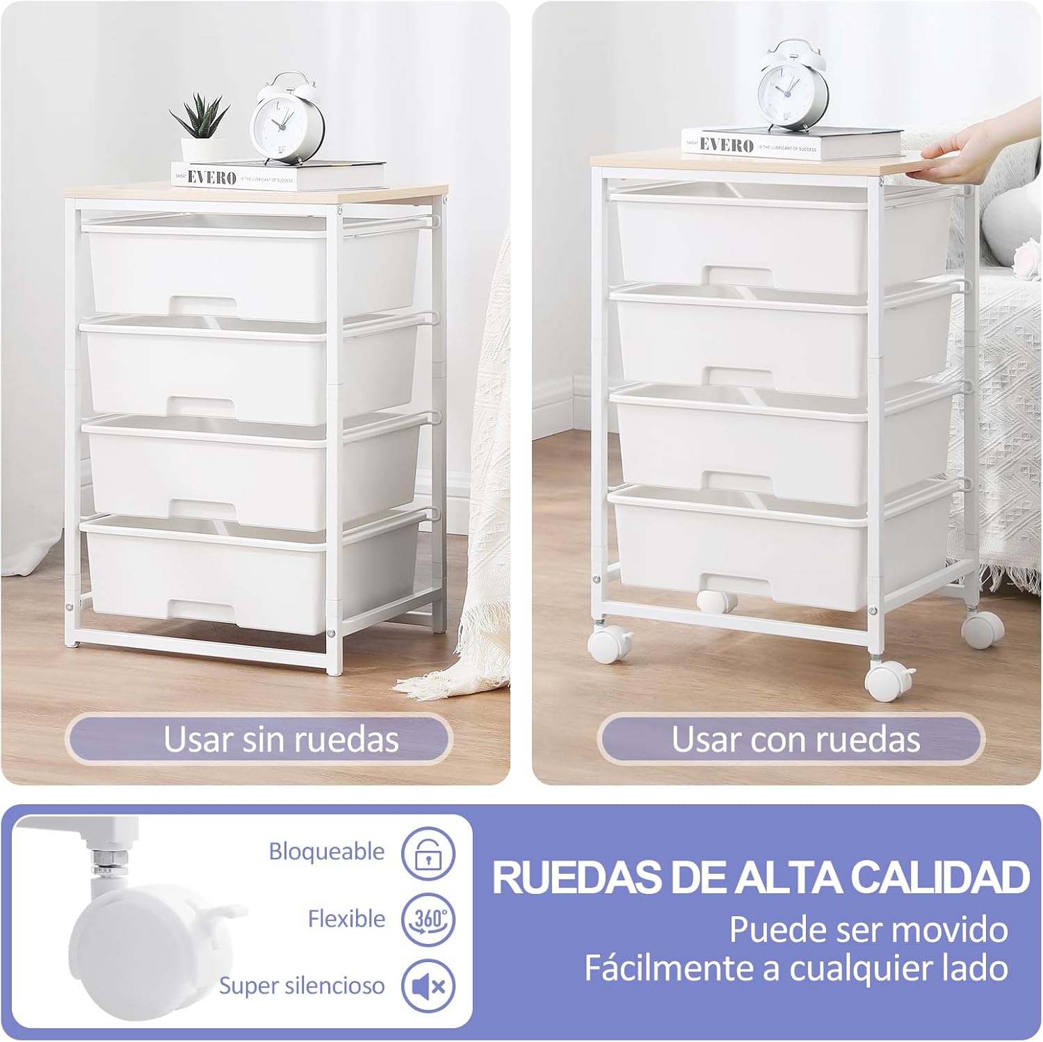 Chariot de rangement - 4 tiroirs, roulettes, plateau bois, blanc, grande capacité, cuisine/salon, 60x40x80 cm