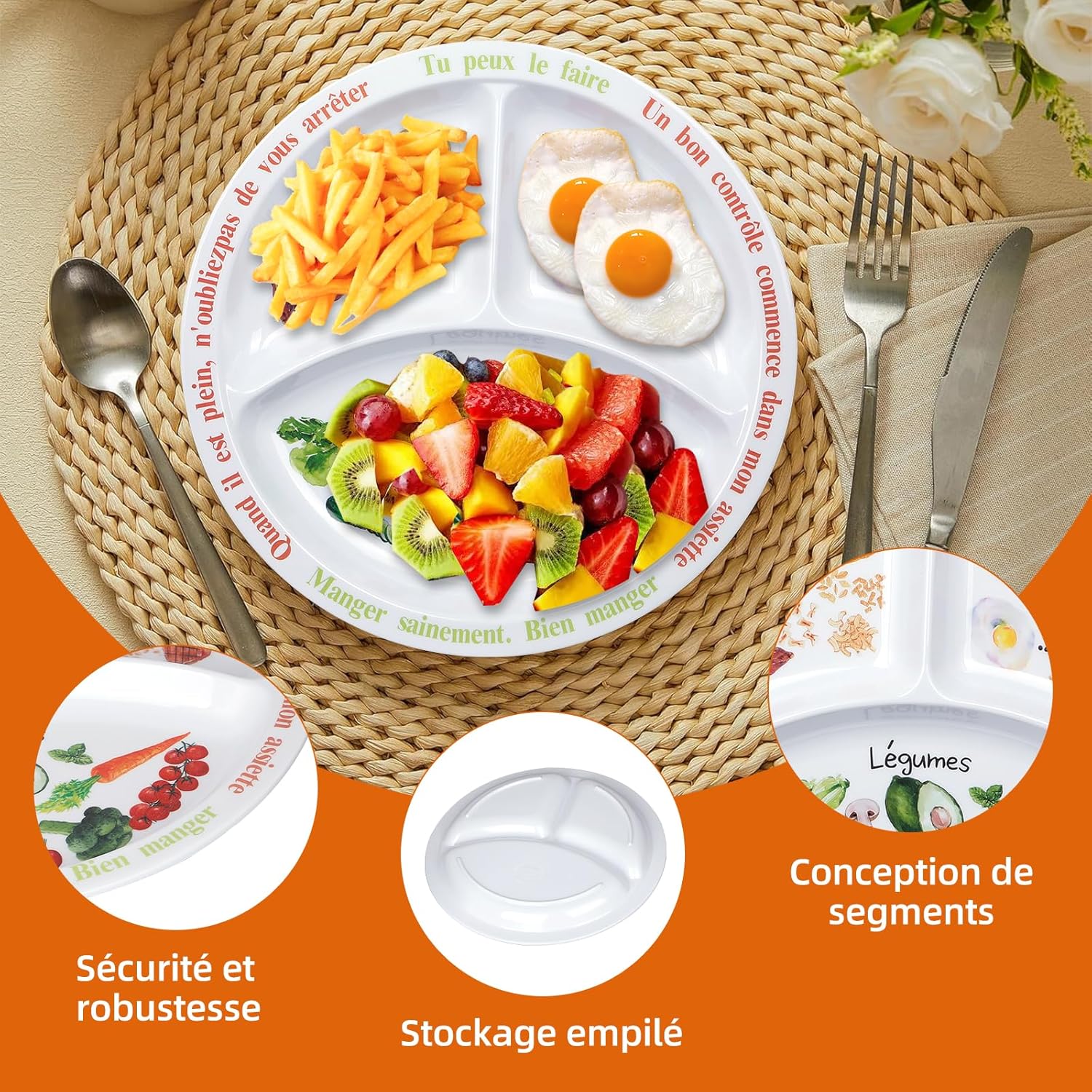 Assiette de contrôle des portions - mélamine - pour adultes/adolescents - partitions équilibrées, perte de poids, texte 