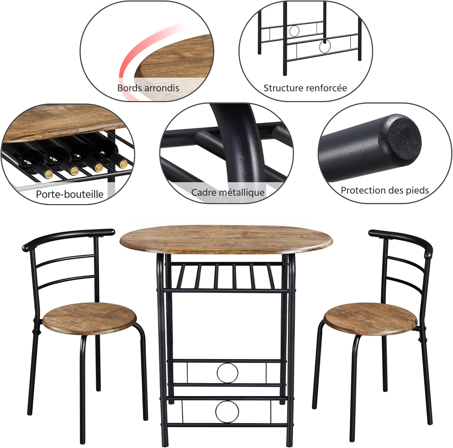 Yaheetech - Ensemble table ronde 3 pièces petit espace, porte-bouteilles, bois, 2 chaises, dimensions compactes