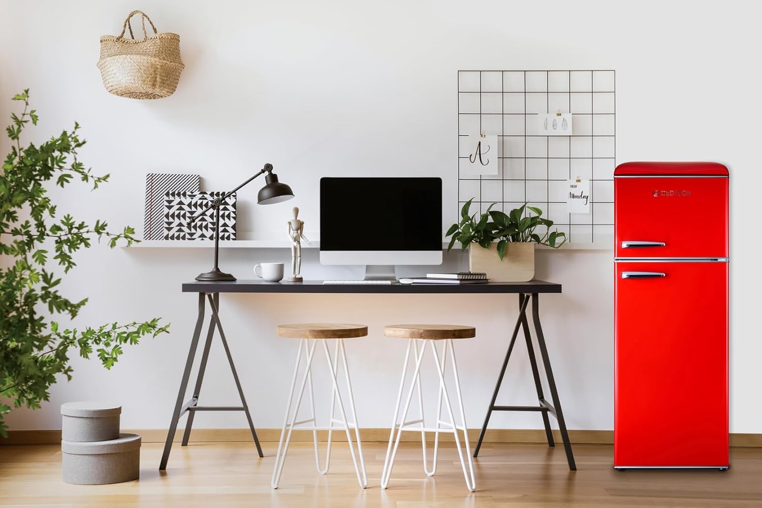 GEDTECH - Réfrigérateur vintage double porte 215L, congélateur haut, faible consommation, GDPV215RD