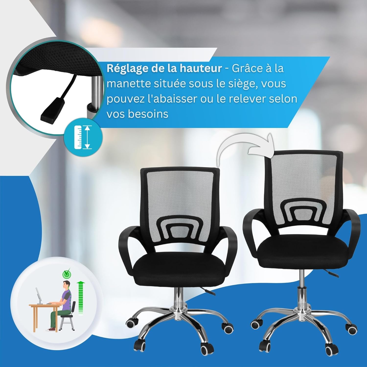 SPRINGOS - chaise de bureau réglable - ergonomie tissu micro-rapide, pied chromé, roulettes silicone, max 120kg