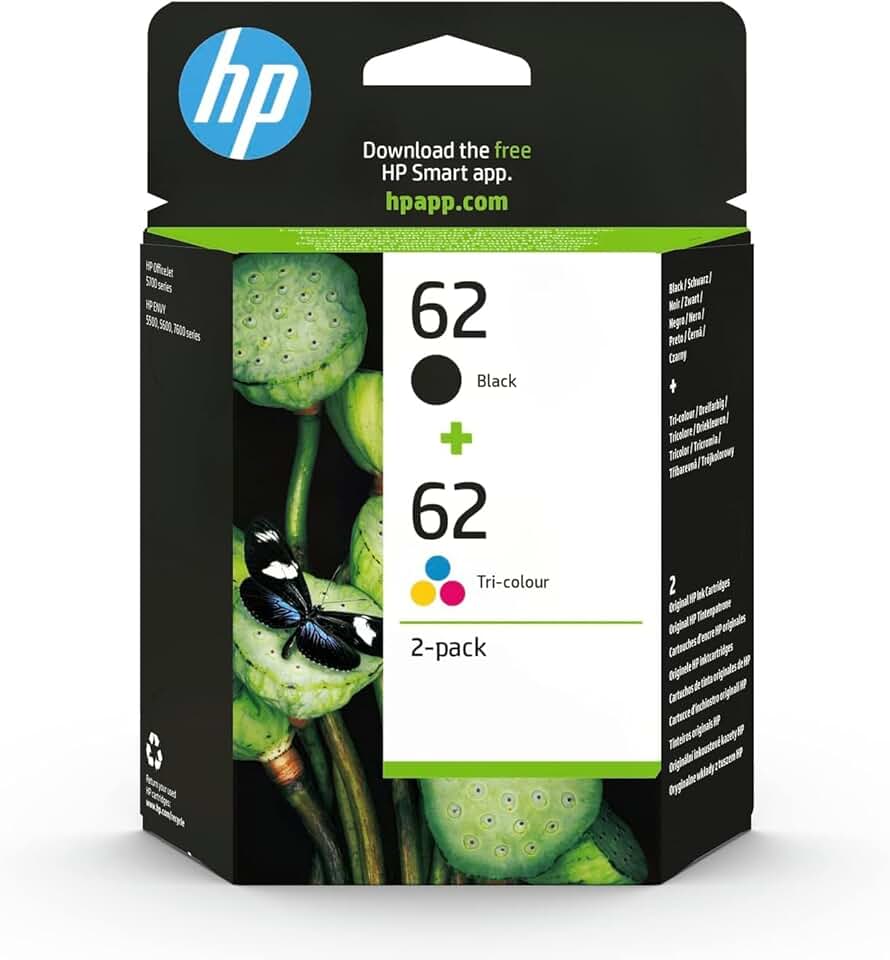 HP - 62 série - Pack de 2 cartouches d'encre, couleurs variées, compatible Envy/OfficeJet - N9J71AE