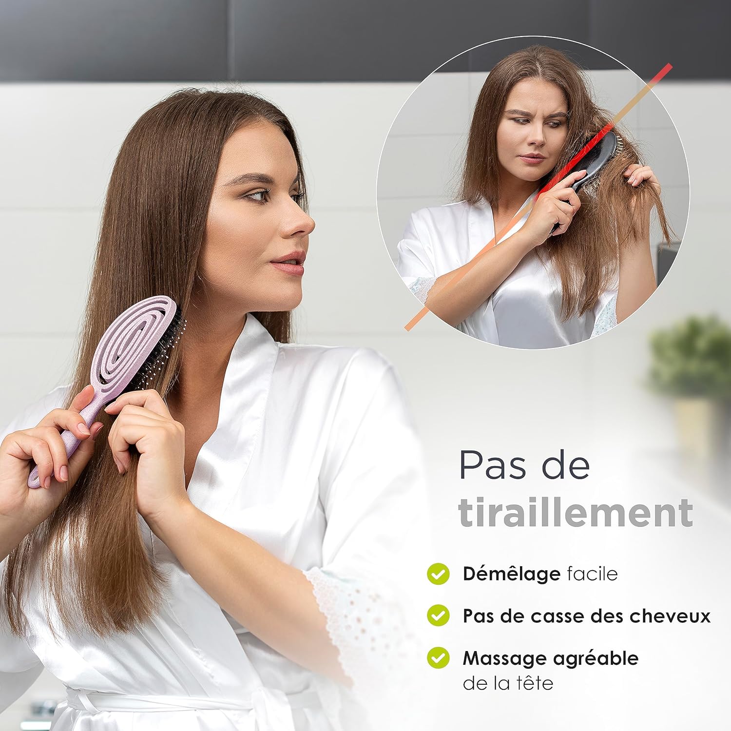 FABCARE - Brosse cheveux série innovante - poils sanglier, double ressort, styling sans douleur - Rose