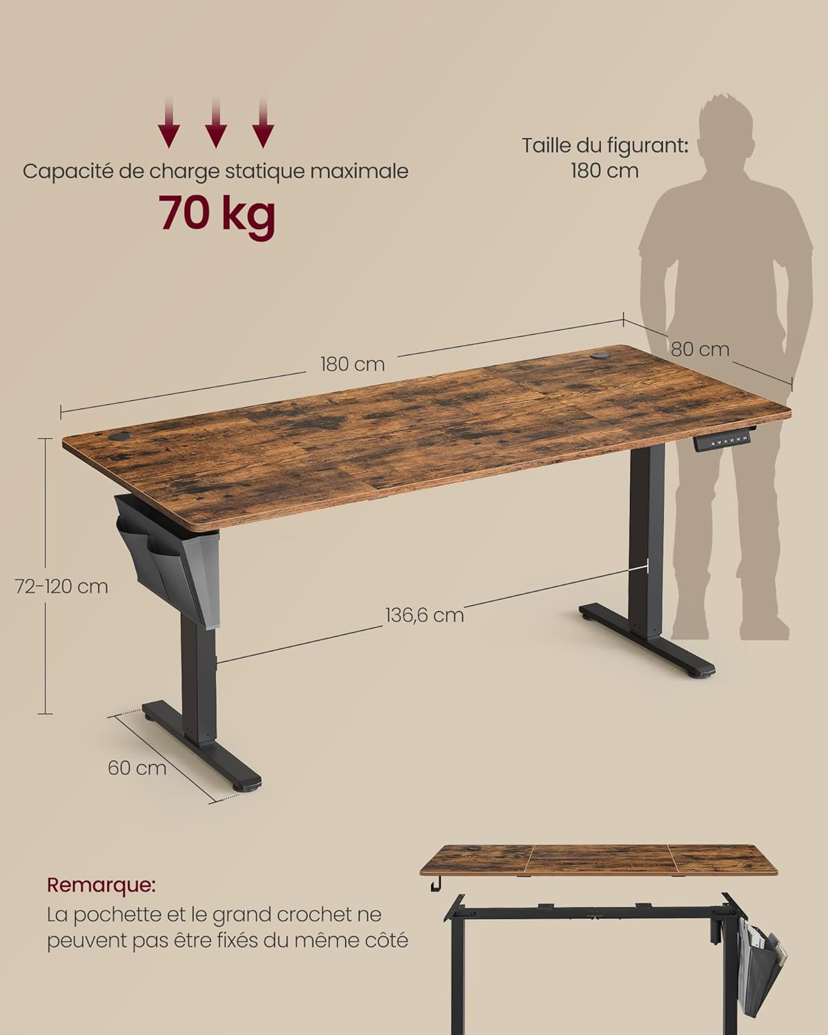SONGMICS - Bureau électrique réglable 180x80 cm, 4 hauteurs mémorisables, marron rustique LSD138K01