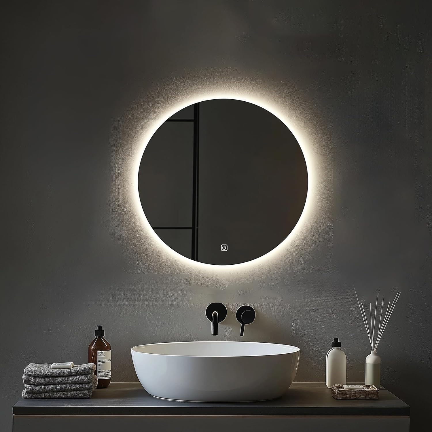 Miroir Salle de Bain - LED Rond 50cm - 3 couleurs, dimmable, tactile