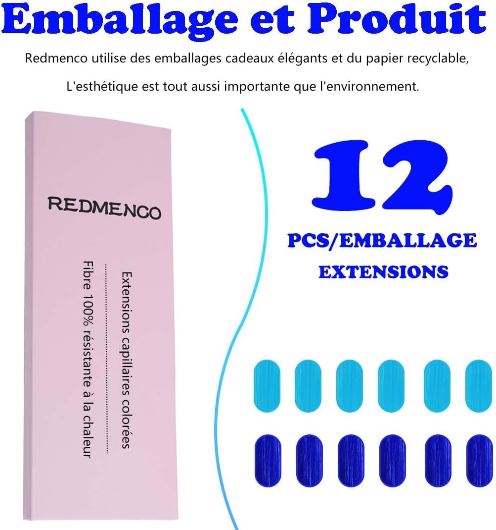 Extensions de cheveux - 12 pièces, bleu et bleu sarcelle, à clipser
