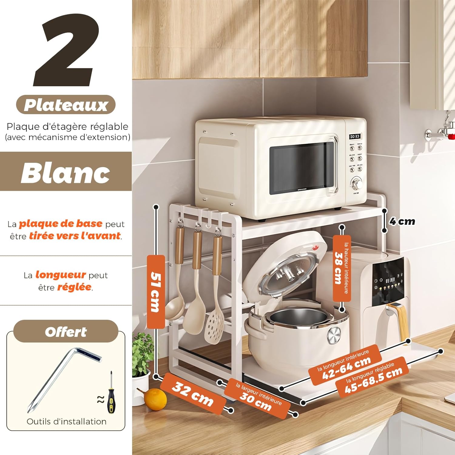 Étagère de cuisine 2 étages - réglable, extensible, tiroir - acier blanc