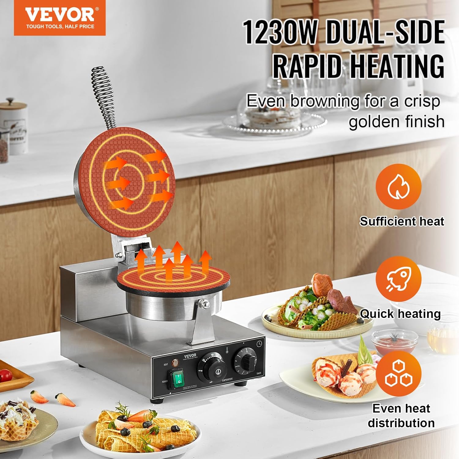 VEVOR - Gaufrier commercial inox 1230W - température et minuteur