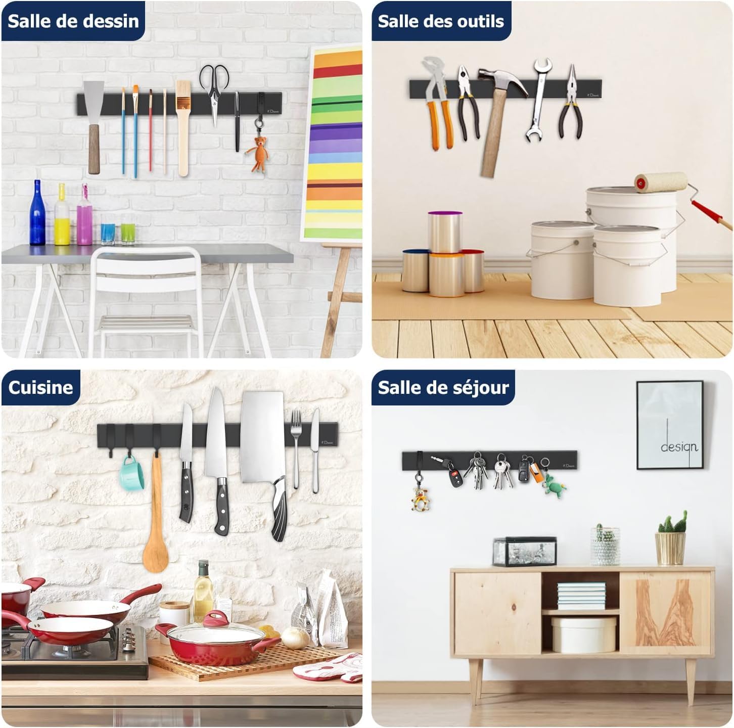 Dmore - porte couteaux aimanté, 40cm, 3 crochets, fixation adhésive