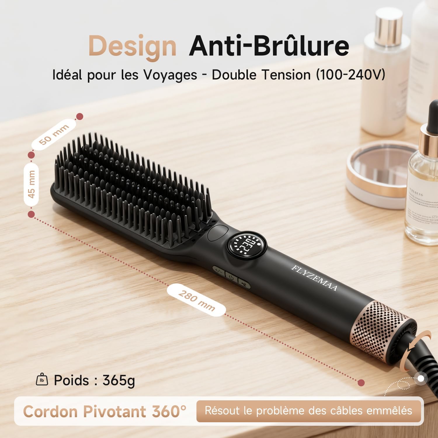 Brosse lissante cheveux - 7 températures, écran LCD, plaques anti-brûlure, double tension, prise UE, noir