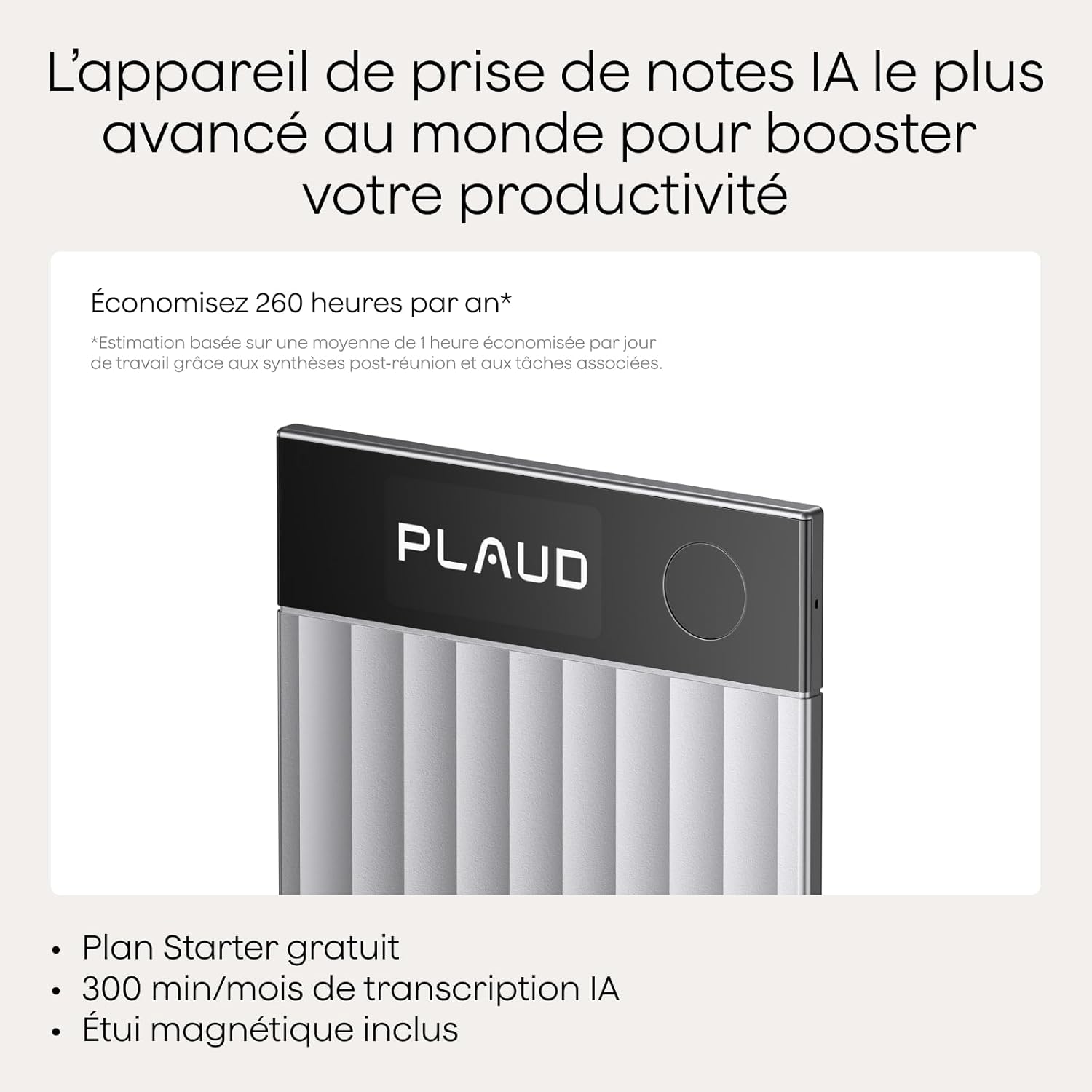 Plaud - Note Pro - dictaphone IA, 50h, transcription, résumé, étui