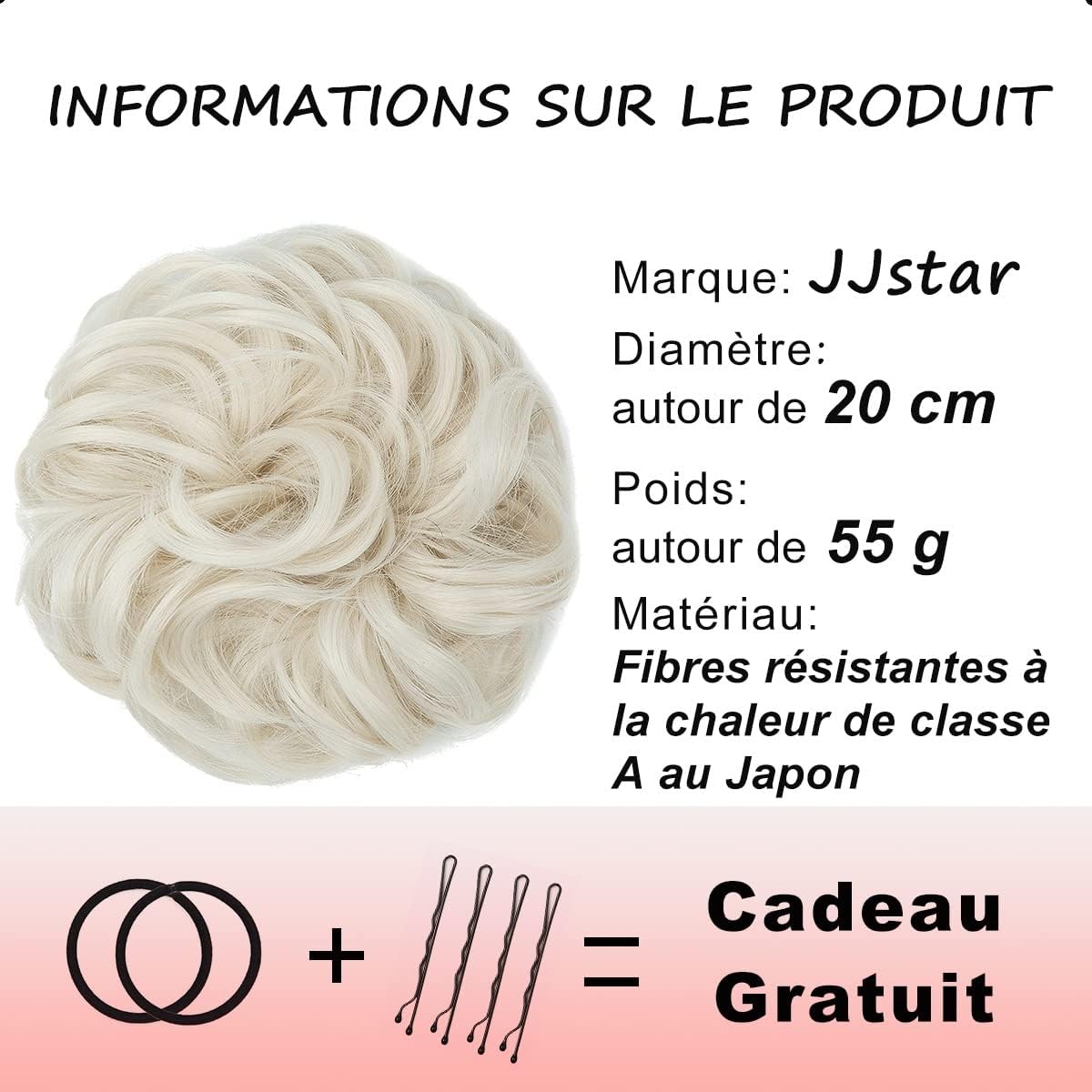 JJstar - Chignon postiche bouclé - Elastique - Cheveux naturel, blond platine