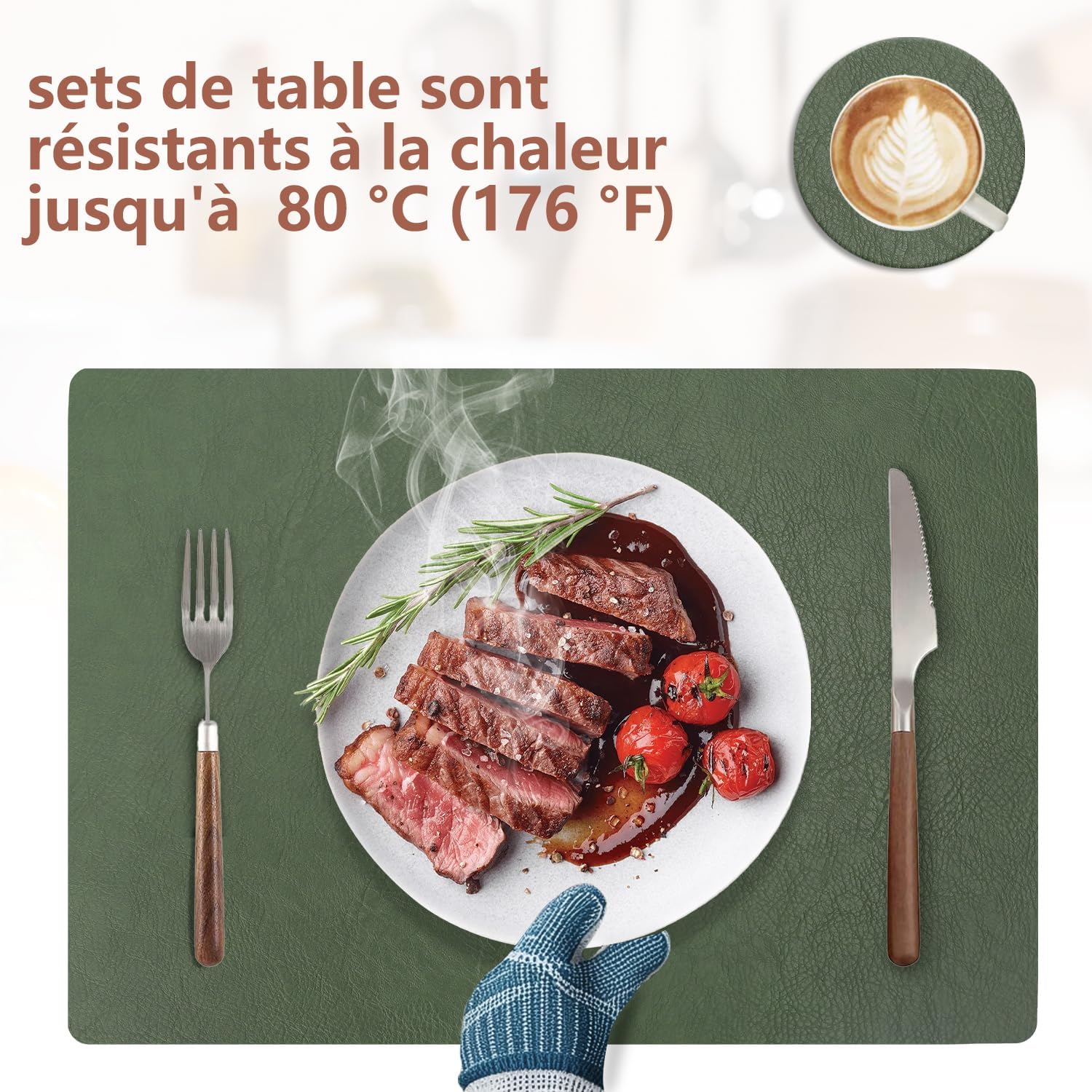 Set de table - Lot de 6, cuir PU double face, 43x30cm, lavables, antidérapants