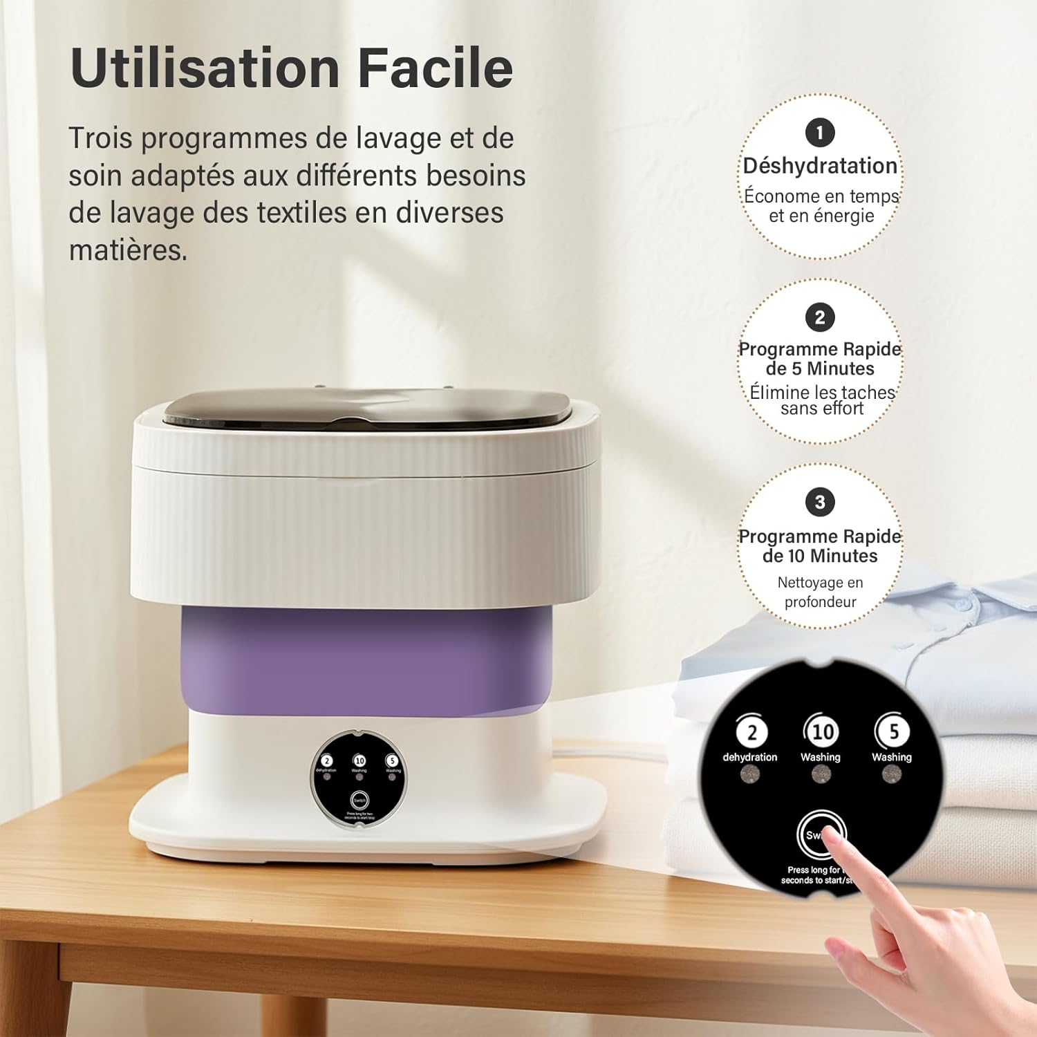 Mini lave-linge portable 10L, pliable, 3 modes, essorage amovible