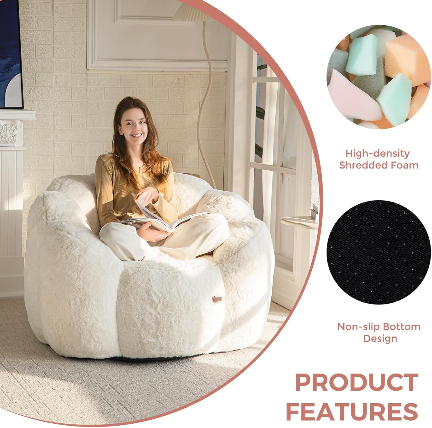 MAXYOYO - Pouf floral géant 2 places - fausse fourrure, mémoire de forme