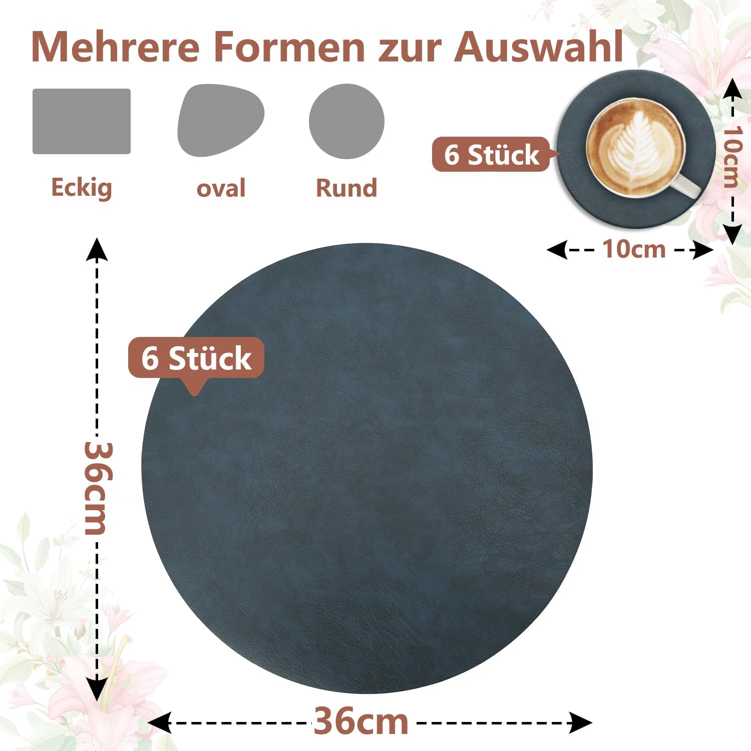 Set de table - rond 36x36cm - cuir PU, lavable, antidérapant, lot de 6