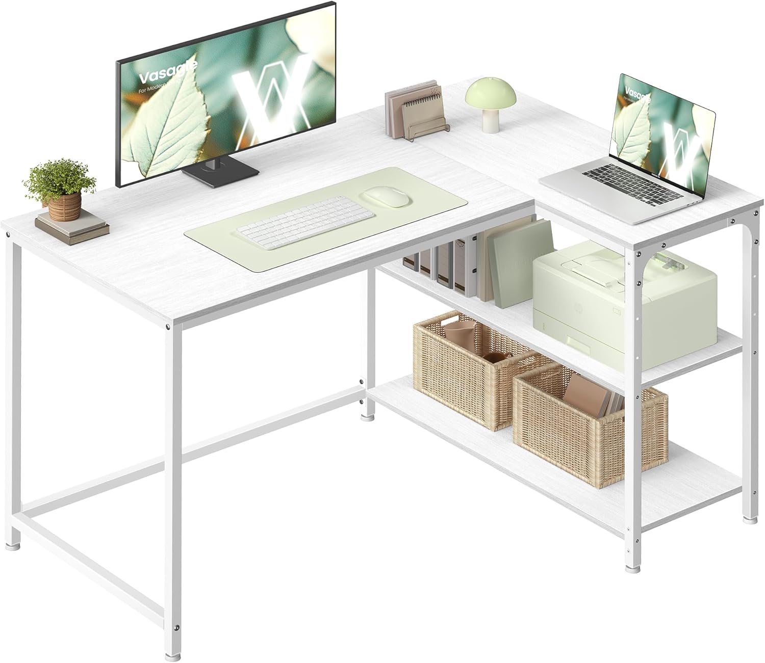 VASAGLE - Bureau en L avec rangement, étagères réglables, 110x80 cm, LWD135WF01
