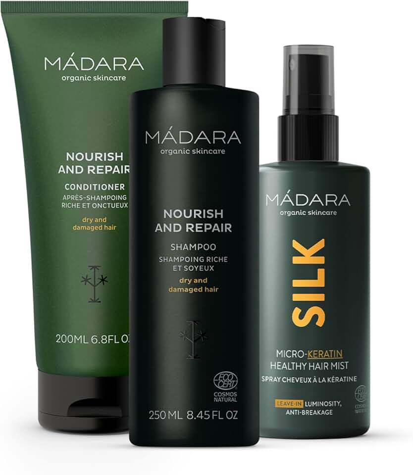 MÁDARA - Hair Repair Kit - 250ml/200ml/90ml - Shampooing, après-shampooing, spray micro-kératine, vegan