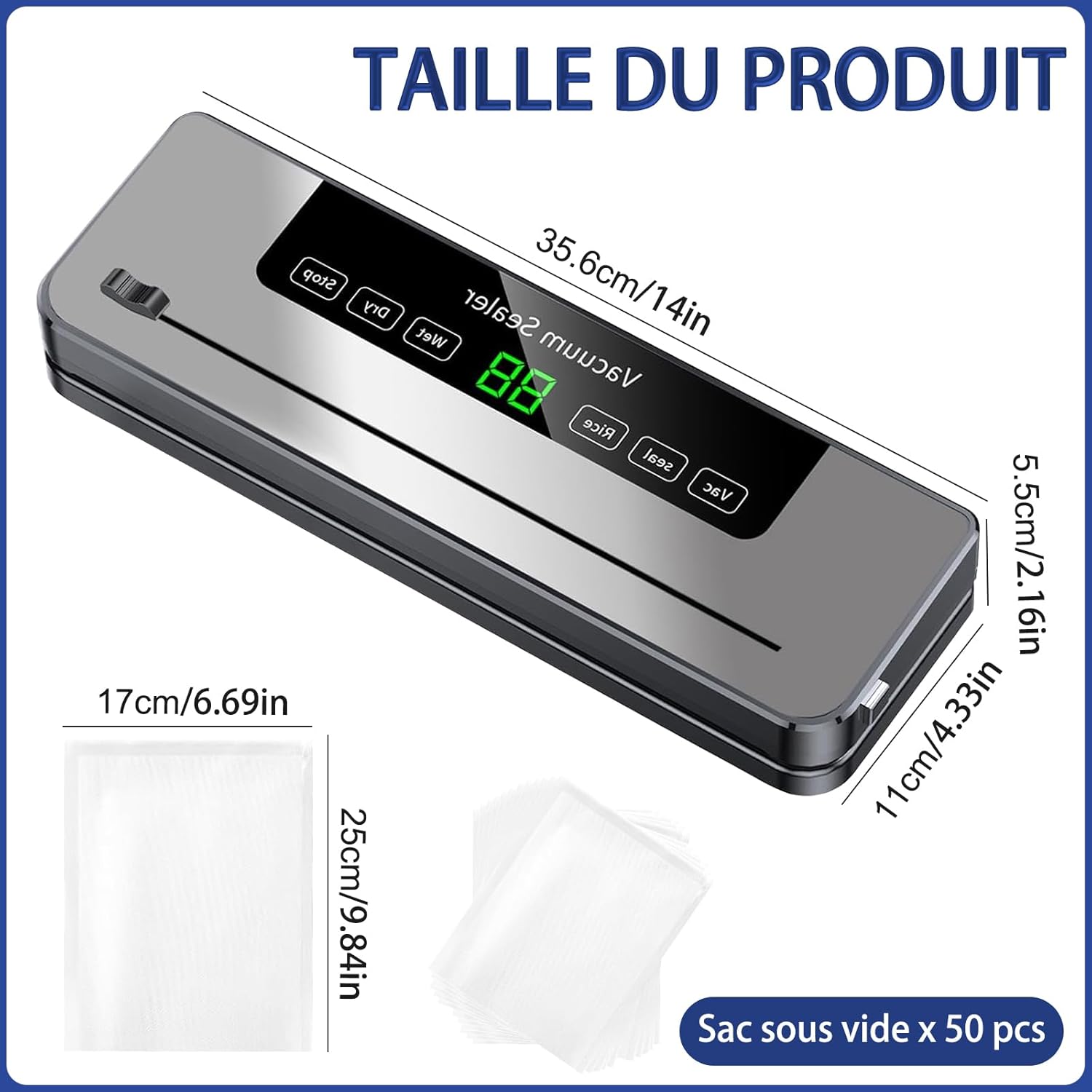 Machine sous vide alimentaire - 5 en 1 - 50 sacs inclus - mode humide/sec, multifonction