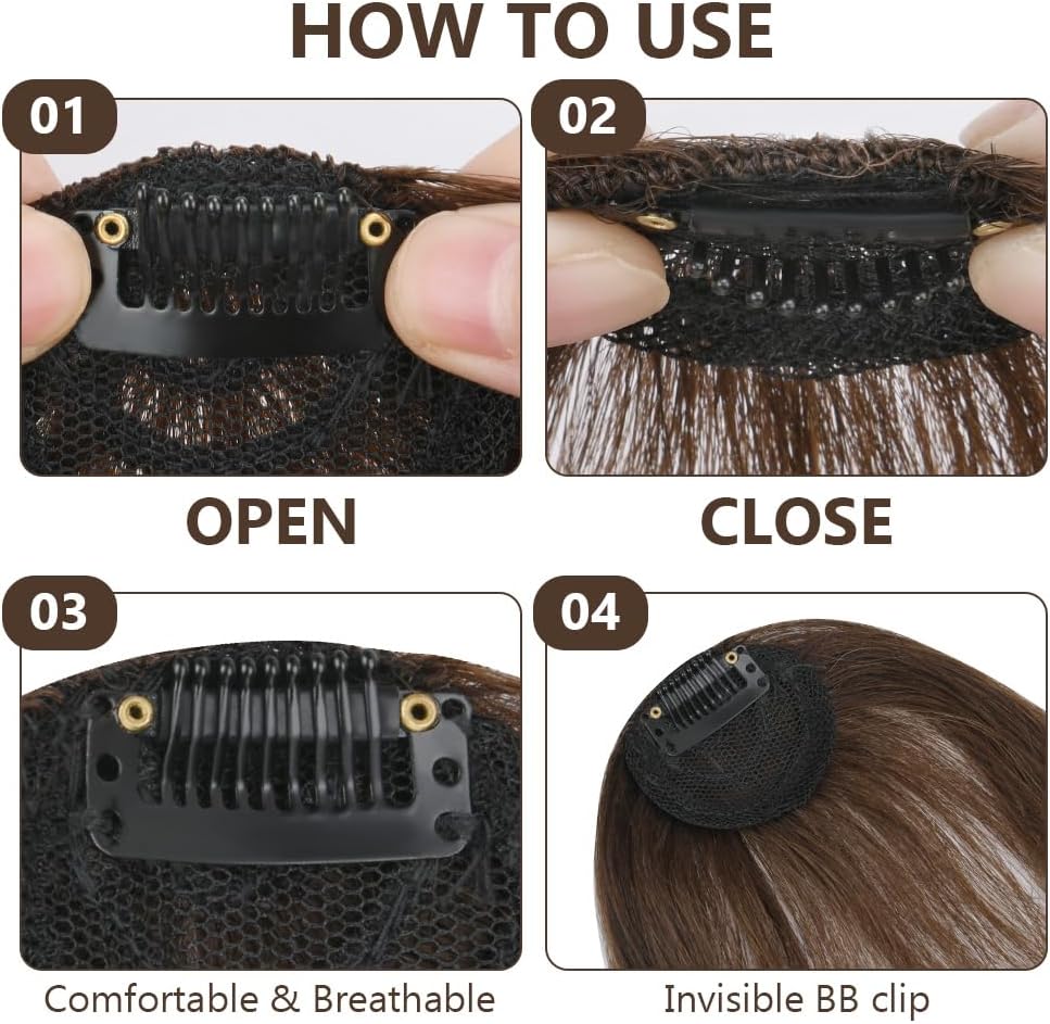 Postiche frange à clip synthétique, marron foncé, temples naturels