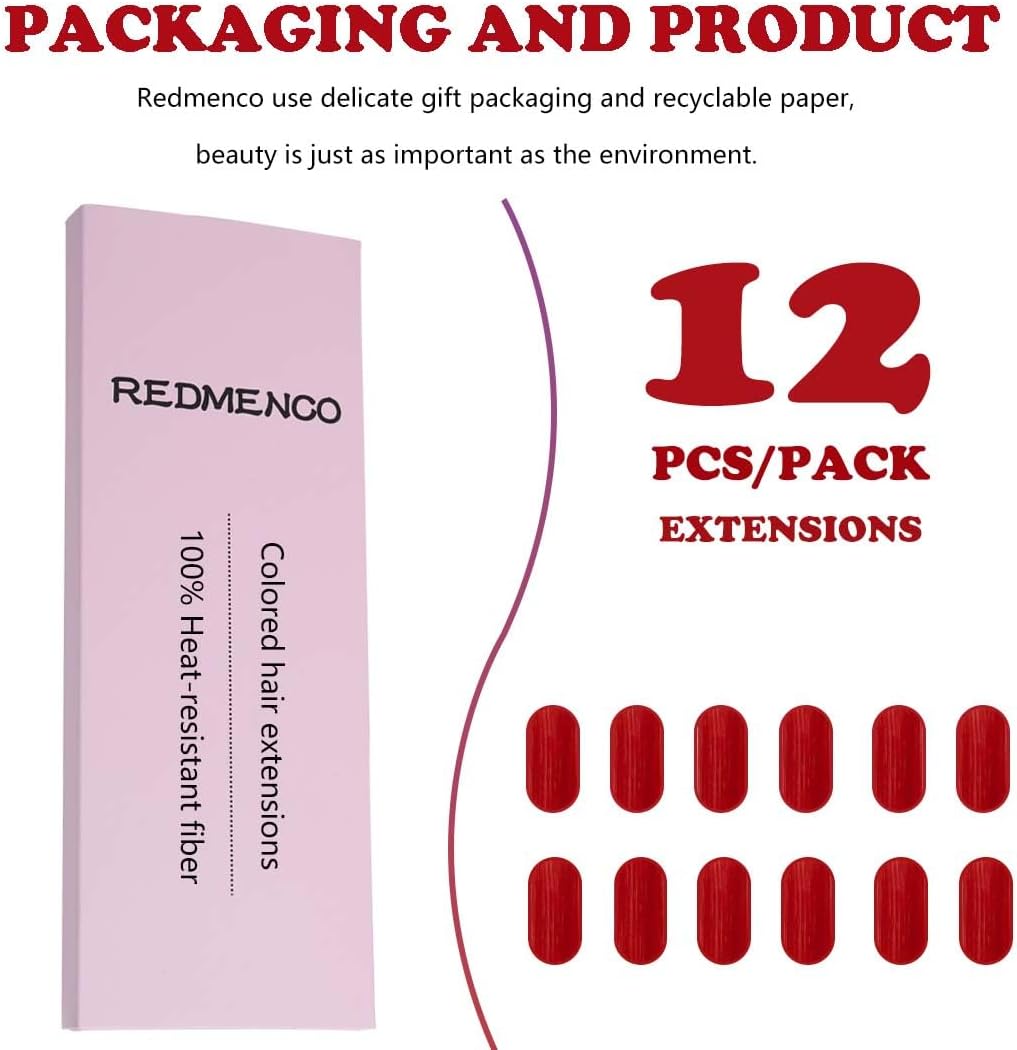 Extensions de cheveux - mèches colorées à clipser, 12pcs, rouge intense