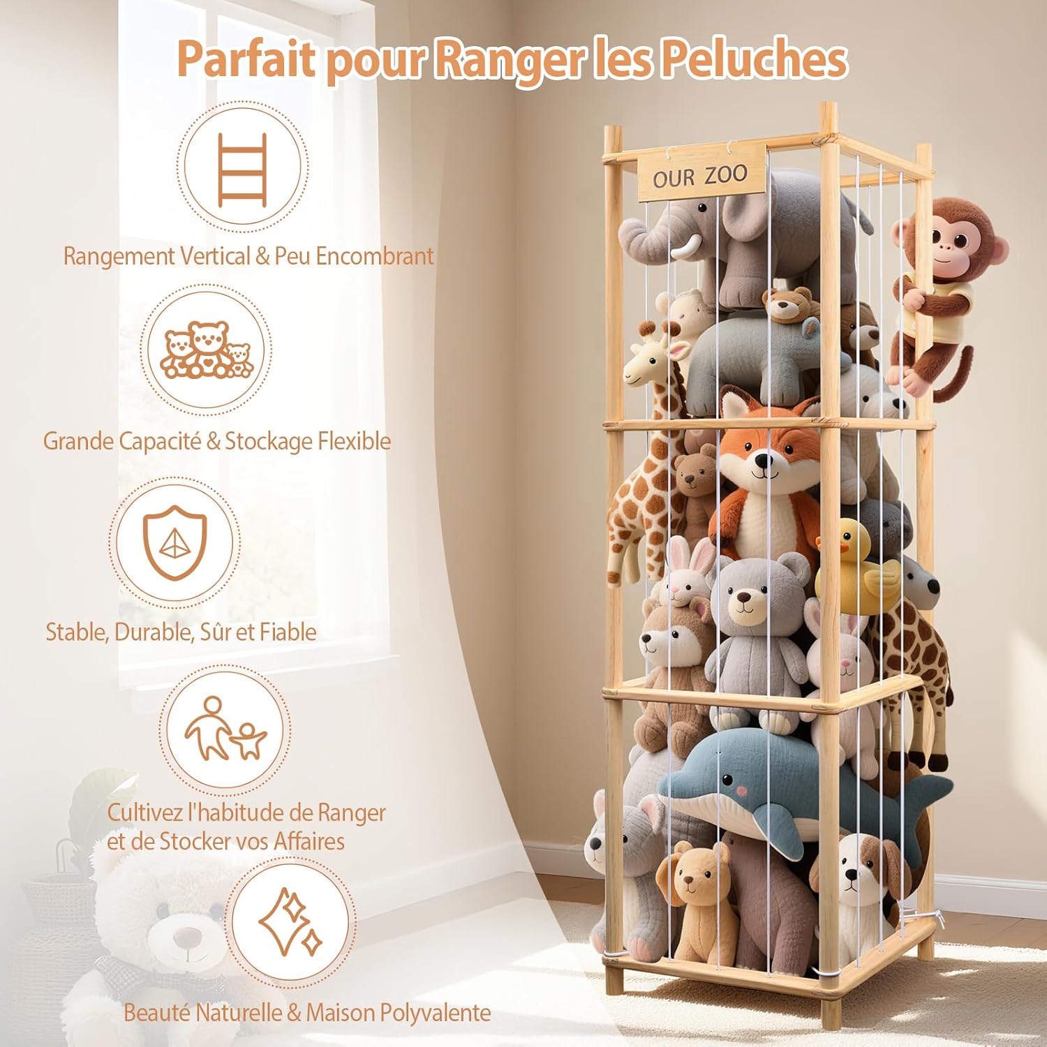 Rangement peluche enfant - tour bois 136x40x40cm - grande capacité