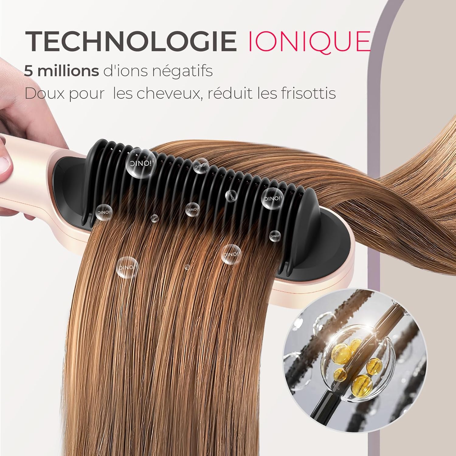 TYMO - Ring Plus - Brosse lissante, 9 températures, 120-210°C, ions négatifs, LCD, chauffe rapide, doré