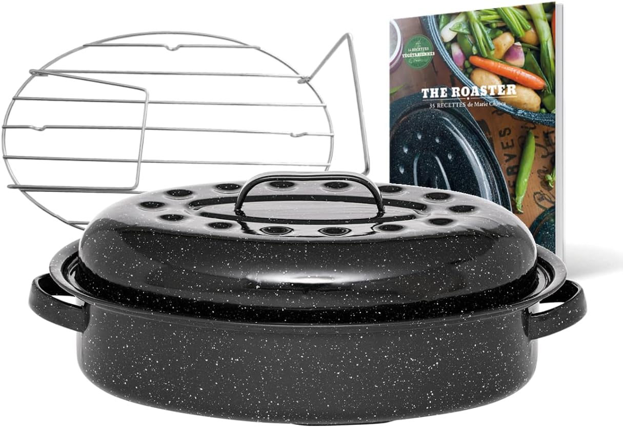 Graniteware - Cocotte Roaster moyen - acier émaillé, grille inox, livre recette