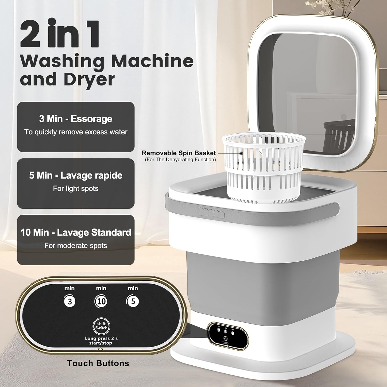 Mini Machine à laver - portable 15L - essorage, 3 modes, compacte